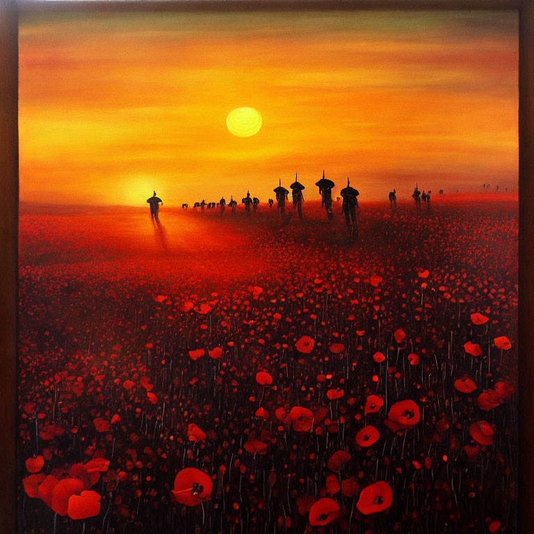 Colorful sunset painting with silhouetted figures in red poppy field