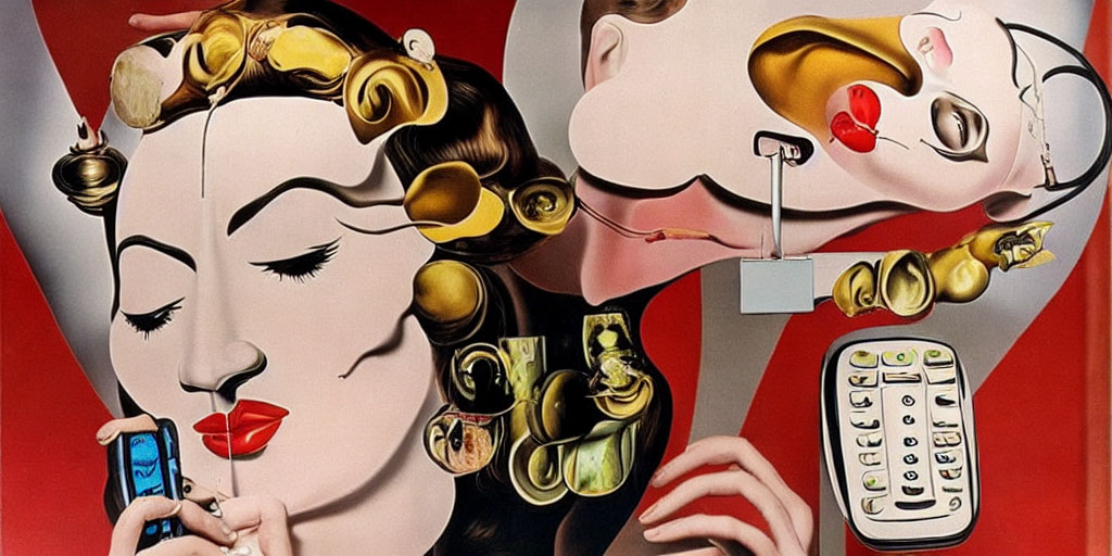 Surreal painting: Two female figures, one with rotary phone curlers, the other with cellphone