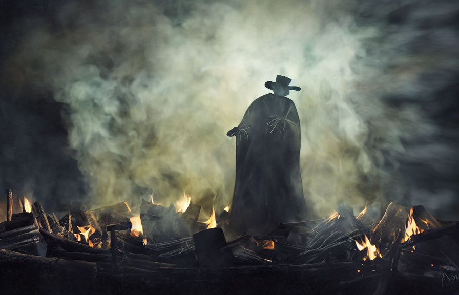 Cloaked Figure Surrounded by Smoke and Flames