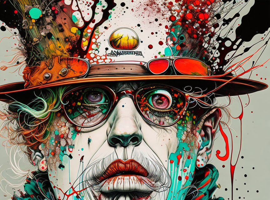 Vibrant painting of person in glasses and hat with abstract elements