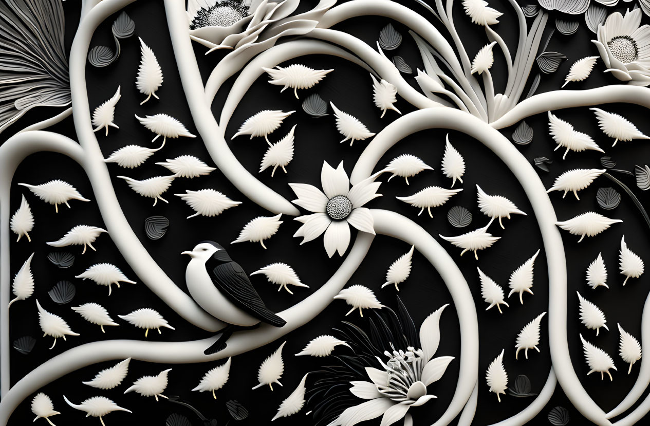 Monochromatic art: stylized flora, bird, swirling vines on black background