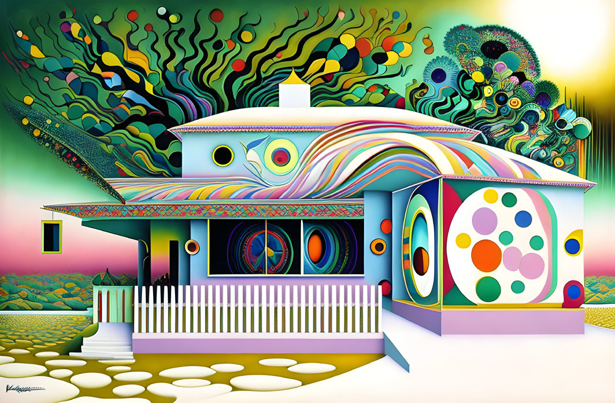 Colorful psychedelic house illustration with swirling patterns and abstract shapes