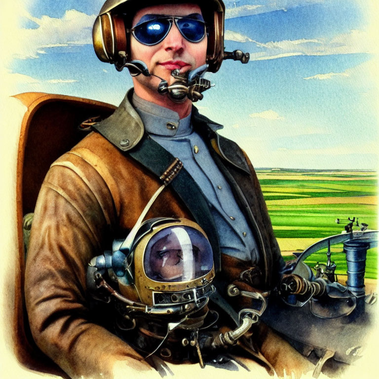 Vintage pilot in leather flight jacket, helmet, and goggles in green field and blue sky.