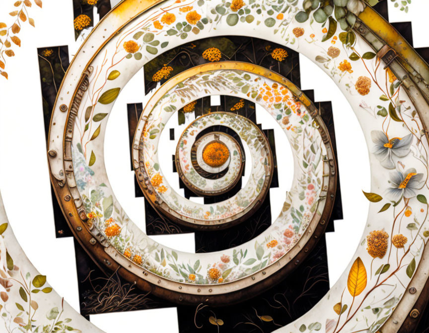 Botanical and floral spiral digital art in autumn colors