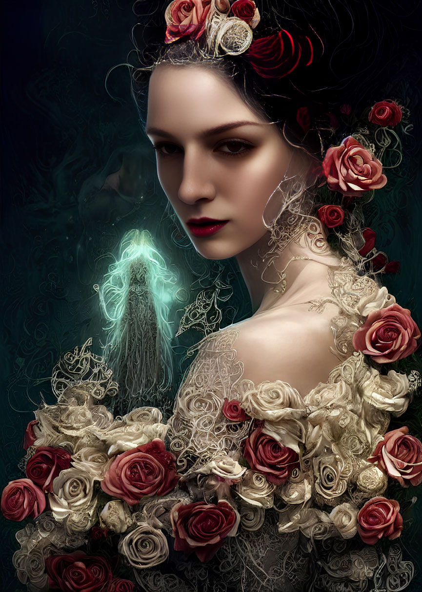 Surreal portrait of woman with red roses and jellyfish on dark background