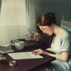 Woman in blue dress with sketchbook and computer in vintage-styled room.