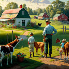 Tranquil farm scene with family, animals, and horse-drawn carriage in lush greenery