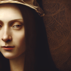 Classic Renaissance painting: Serene woman in headdress on dark background