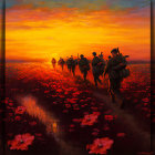 Colorful sunset painting with silhouetted figures in red poppy field