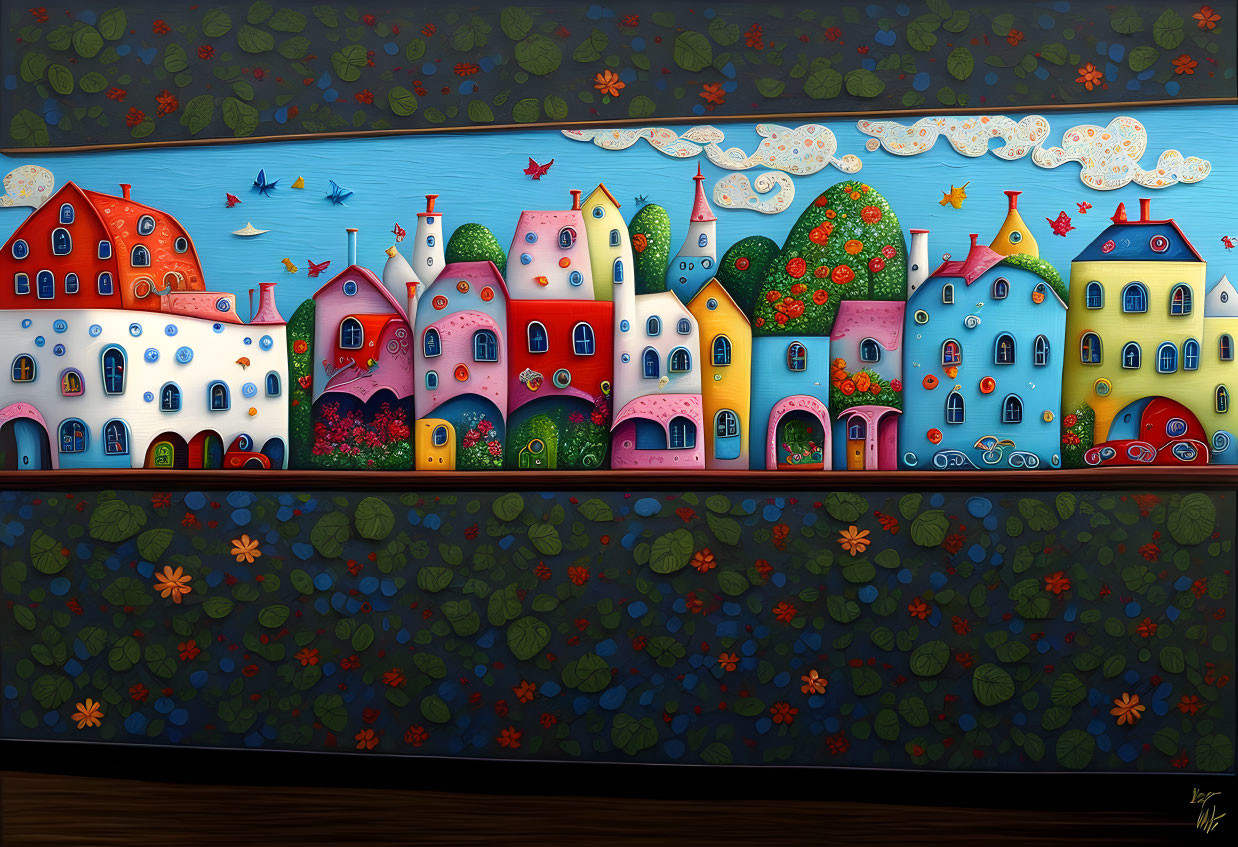 Vibrant village painting with stylized houses, trees, and flowers