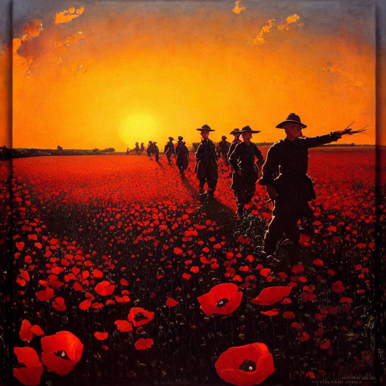 Vivid red poppy field at sunset with people walking and pointing