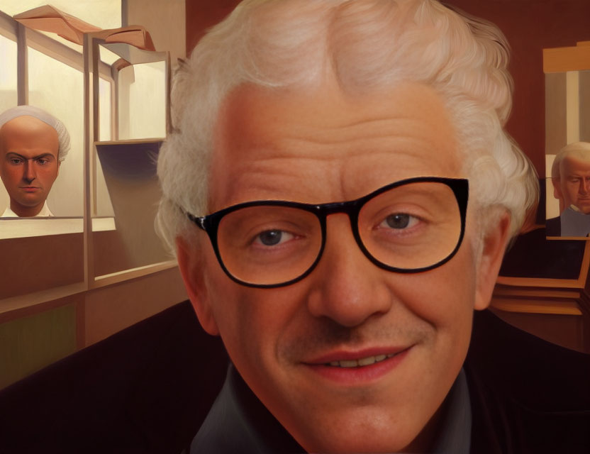 Elderly Man with White Hair and Glasses Surrounded by Portraits