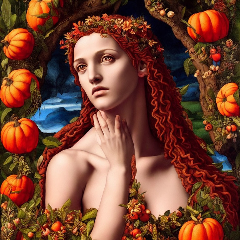 Portrait of Woman with Red Hair, Leaves Wreath, Pumpkins, and Night Sky