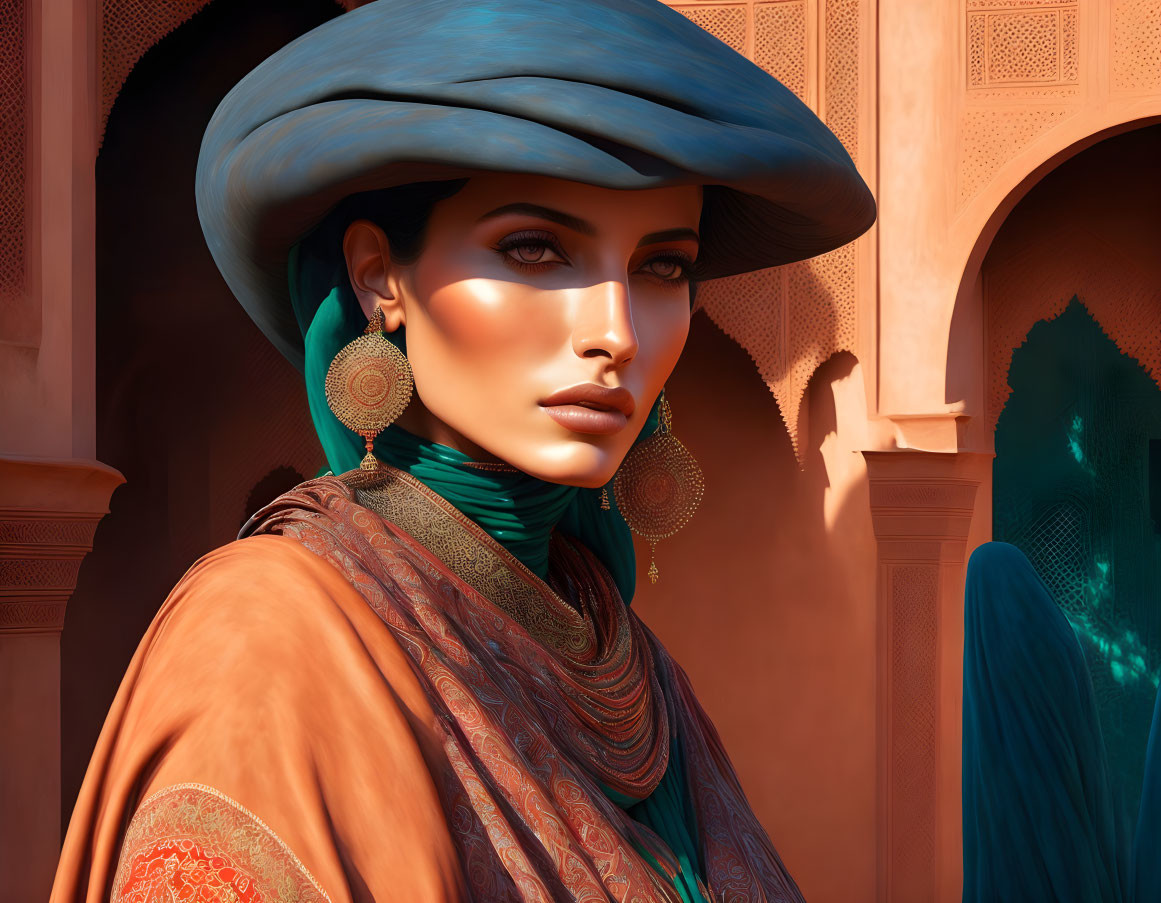 Digital artwork of woman in blue hat and orange attire against warm-hued architecture