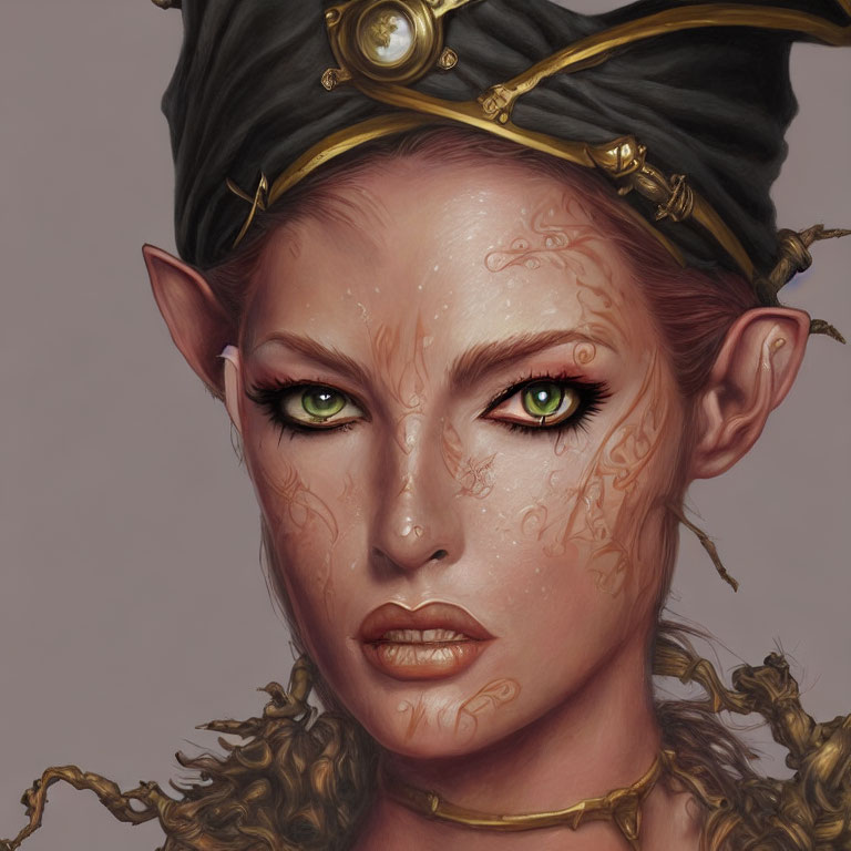 Fantasy portrait of female character with pointed ears and green eyes, adorned with intricate golden face tattoos and