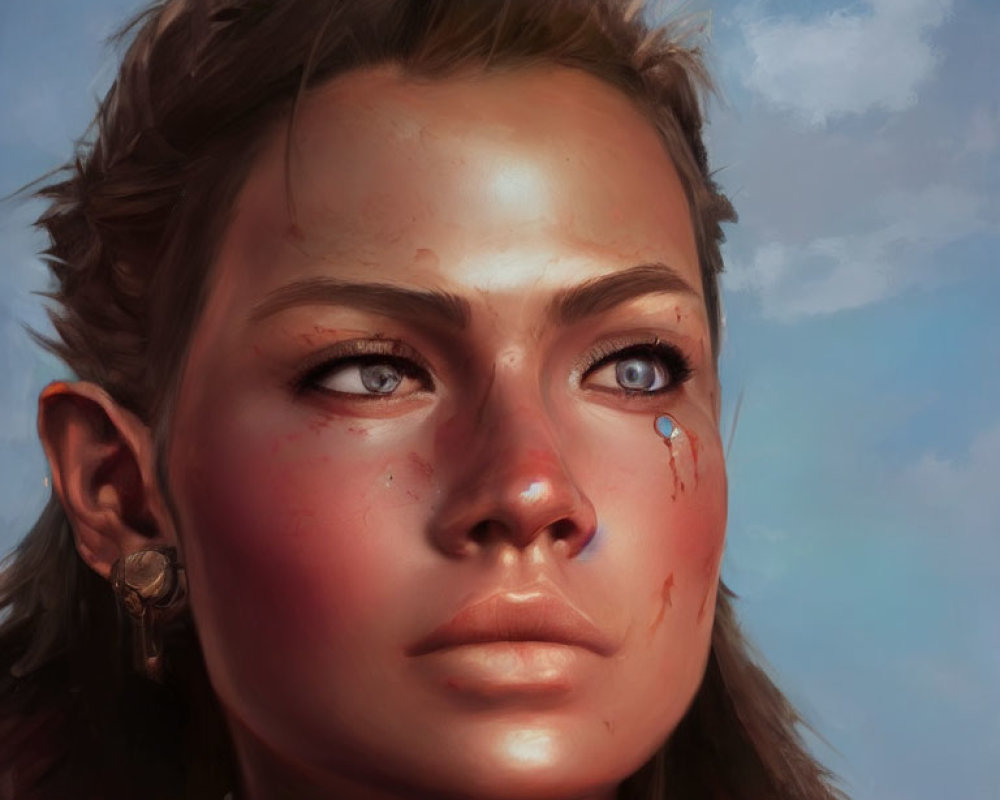 Close-up digital painting: Woman with tanned skin, freckles, tear on cheek, looking