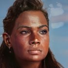 Close-up digital painting: Woman with tanned skin, freckles, tear on cheek, looking