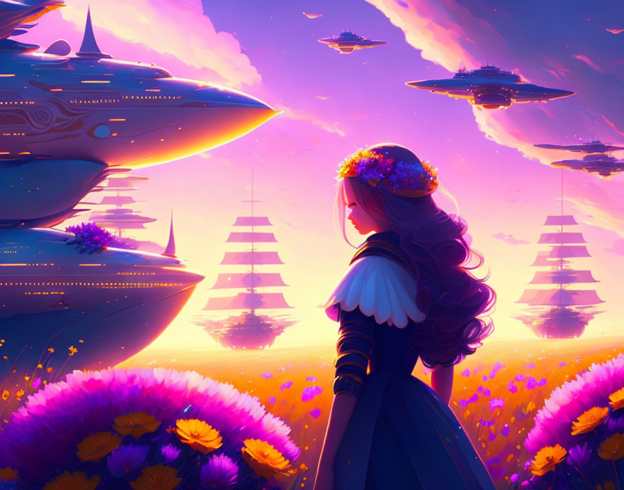 Girl in flowery meadow observes futuristic ships in purple sunset sky