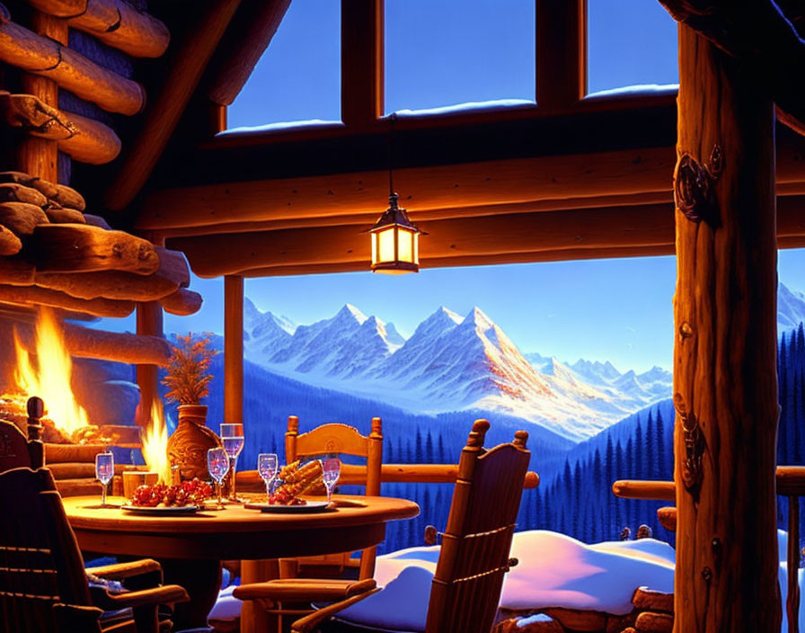 Snowy mountain view from cozy cabin interior at twilight