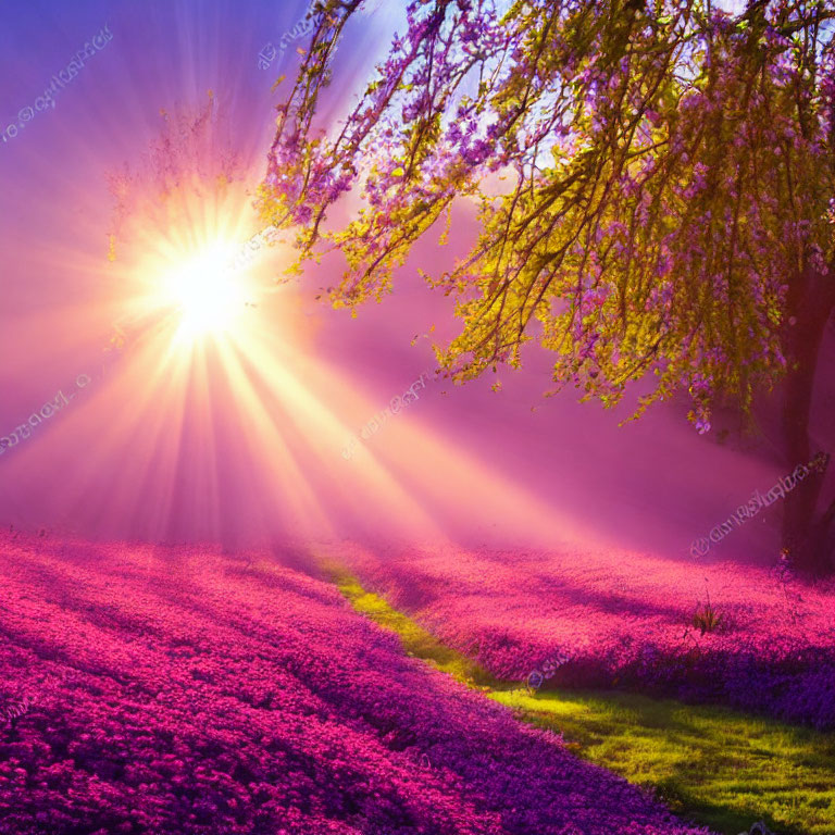 Colorful Sunrise Over Purple Flower Landscape with Pink Blossom Tree