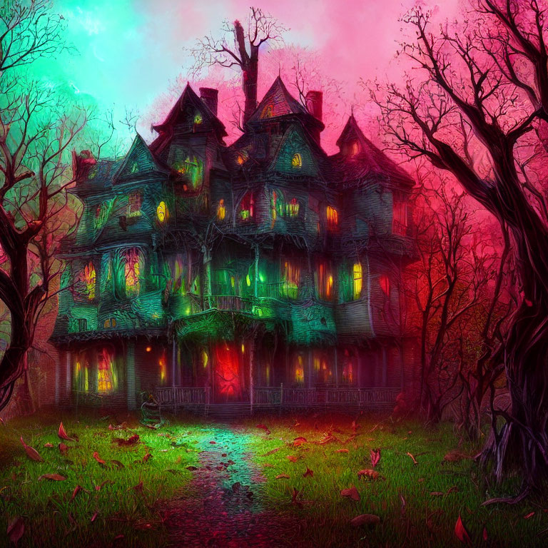 Vibrant Victorian haunted house with eerie lighting and twisted trees