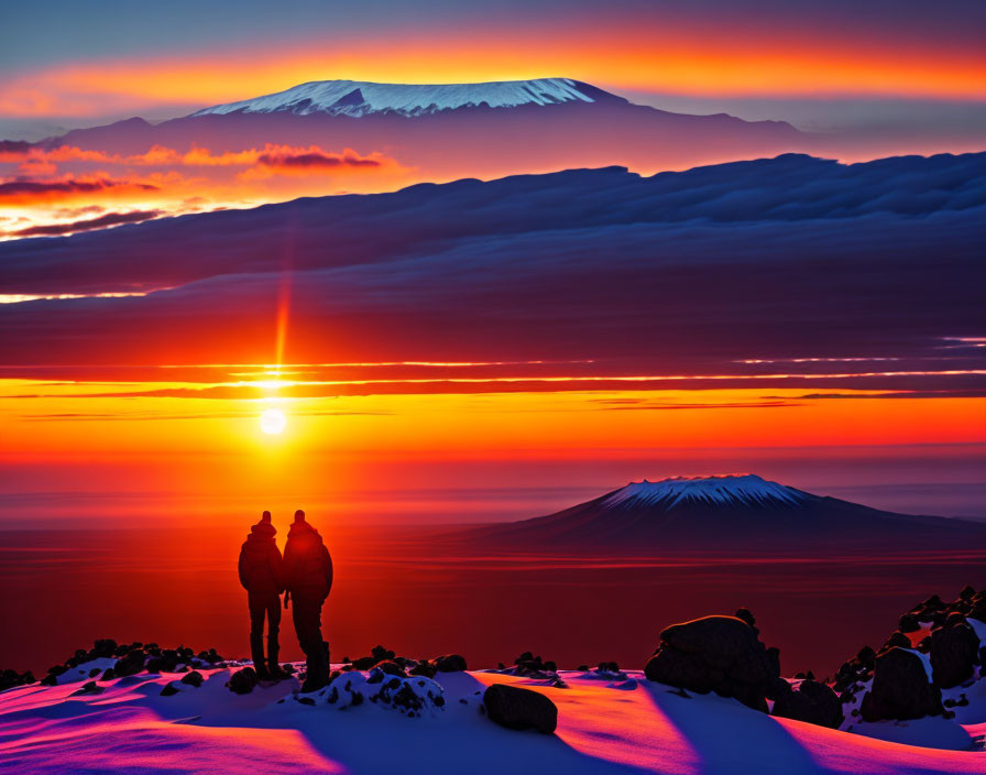 Snowy ridge sunset: Two people admire vibrant sunset with distant mountain silhouette.