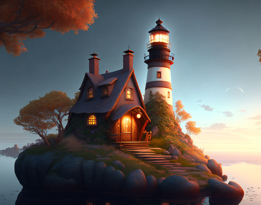 Scenic lighthouse and cottage on rocky outcrop at sunset