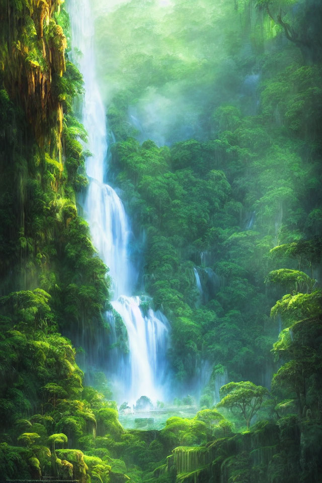 Tranquil forest scene: cascading waterfall, lush greenery, soft sunlight, misty t