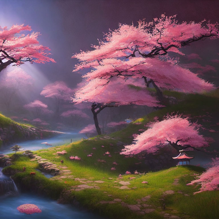 Tranquil landscape with stream, cherry blossom trees, and traditional structure