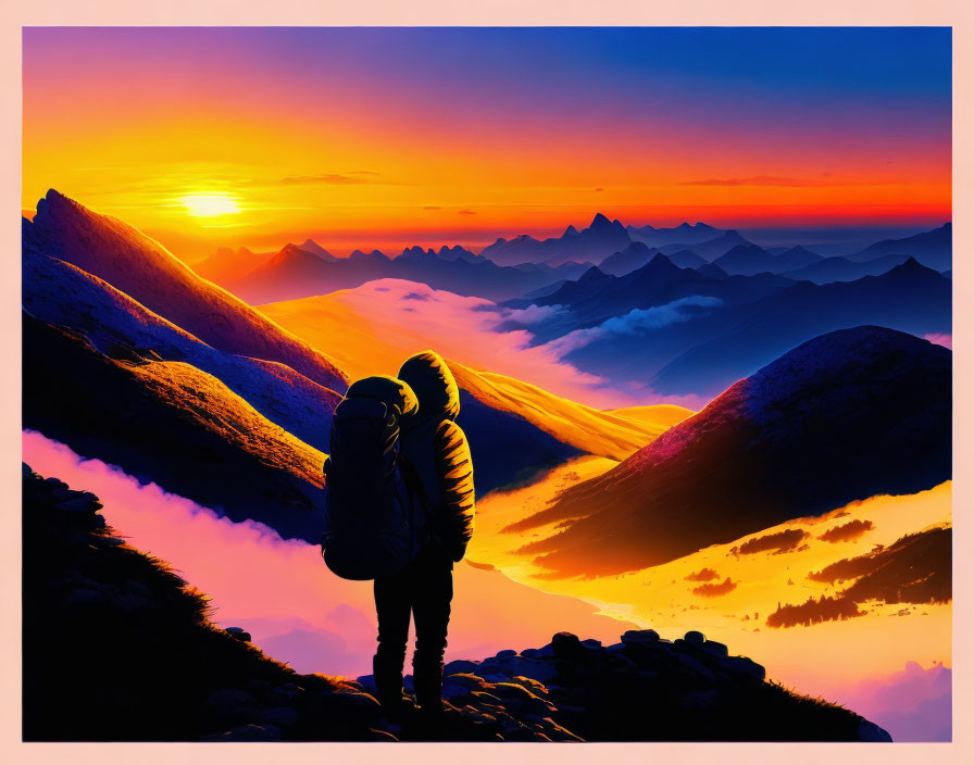 Two individuals on mountain summit watching colorful sunset.