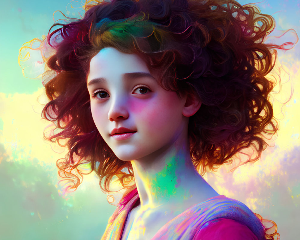 Vibrant digital artwork: young person with curly hair on pastel background