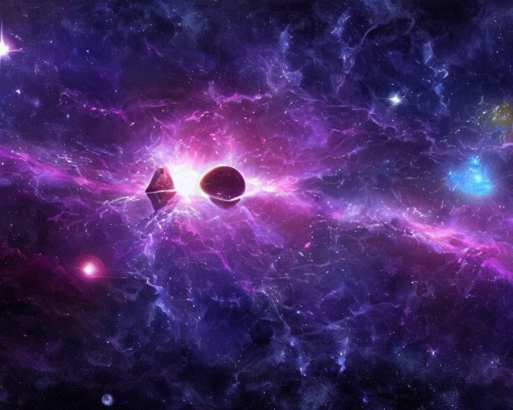 Colorful cosmic scene with nebula, stars, planet & geometric shapes on purple-blue backdrop