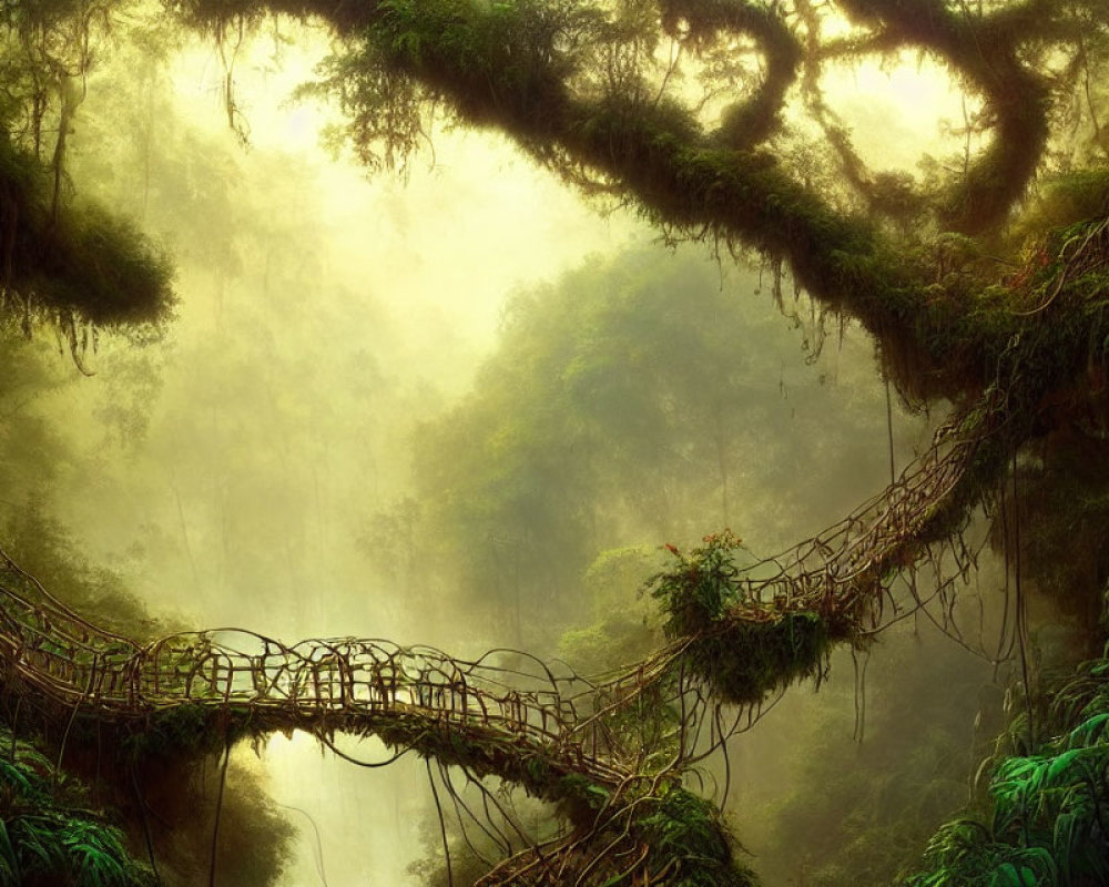 Misty jungle with natural arching branch bridge in golden light