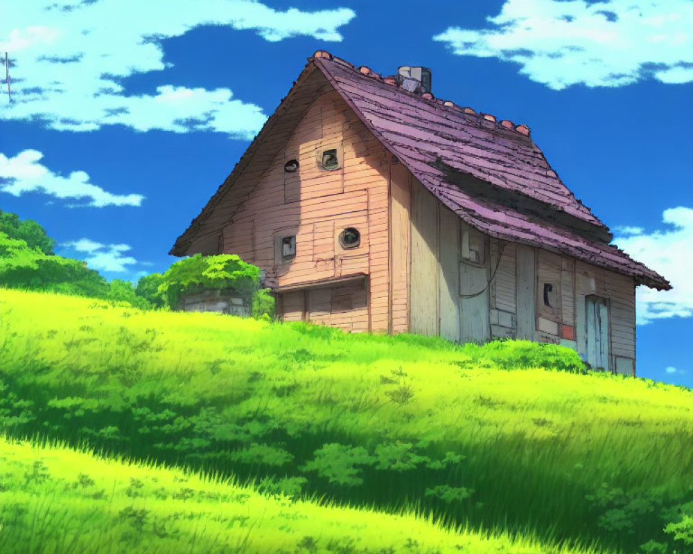 Animated image of solitary wooden house on lush green hillside