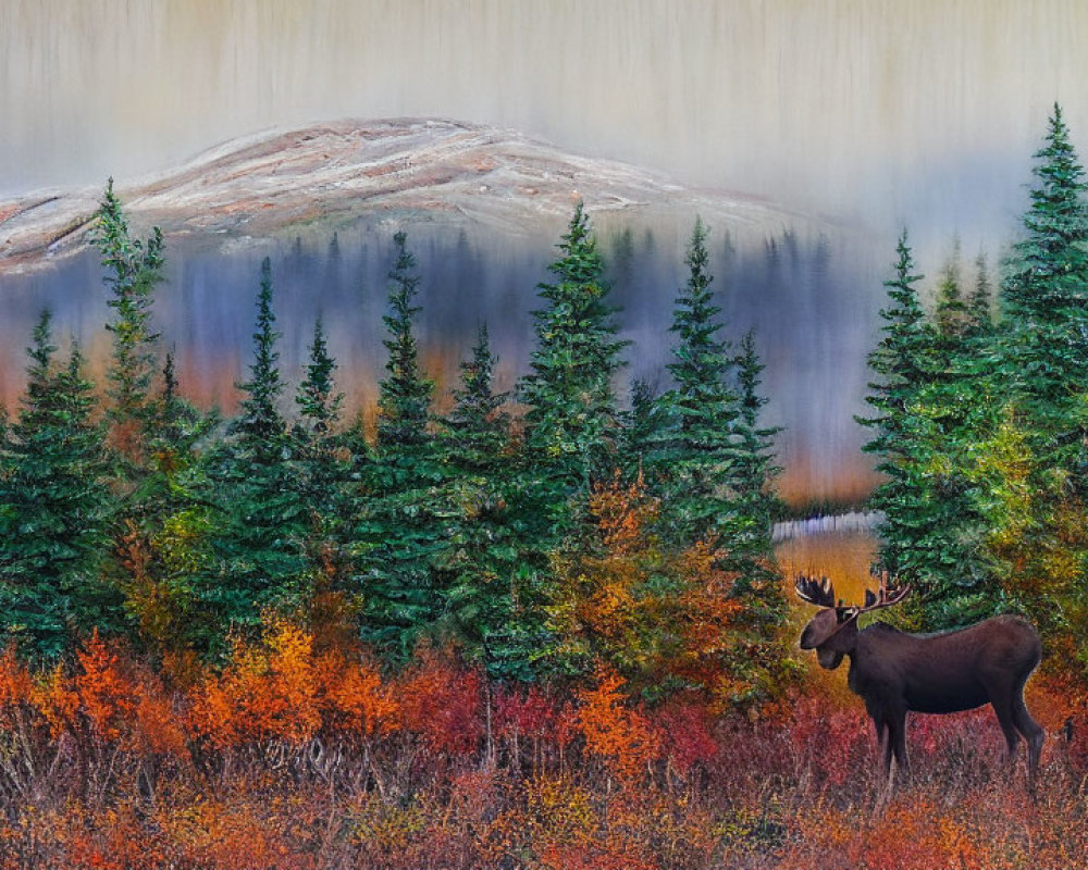 Moose in Vibrant Autumn Landscape with Evergreens