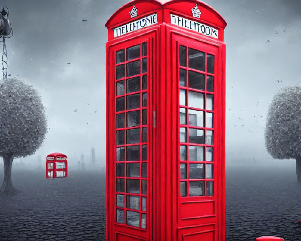 Oversized red British phone booths in surreal foggy scene