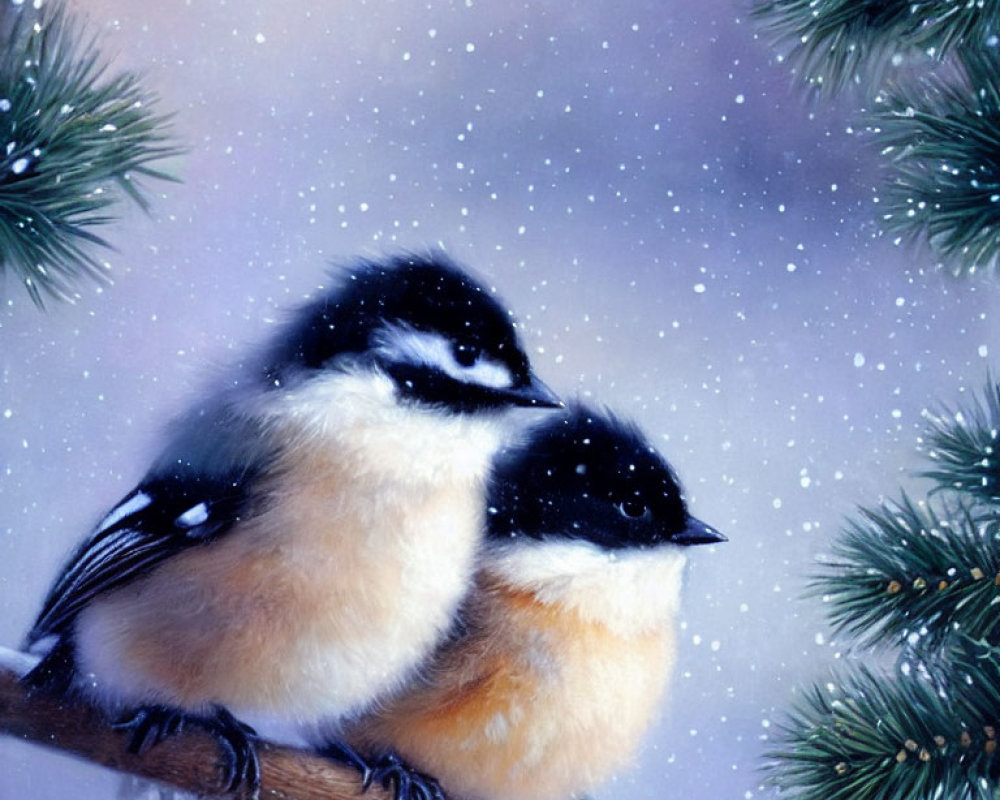 Black and White Birds Perched on Snow-Dusted Branch