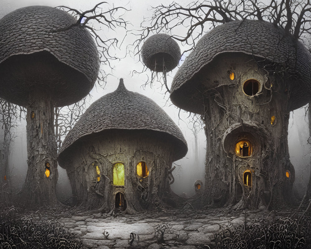 Enchanted Forest Scene: Glowing Mushroom Houses in Mist