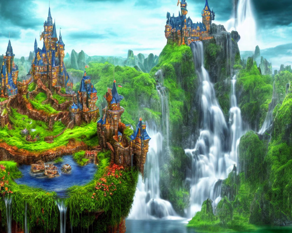 Majestic castles, waterfalls, and serene lake in vibrant fantasy landscape