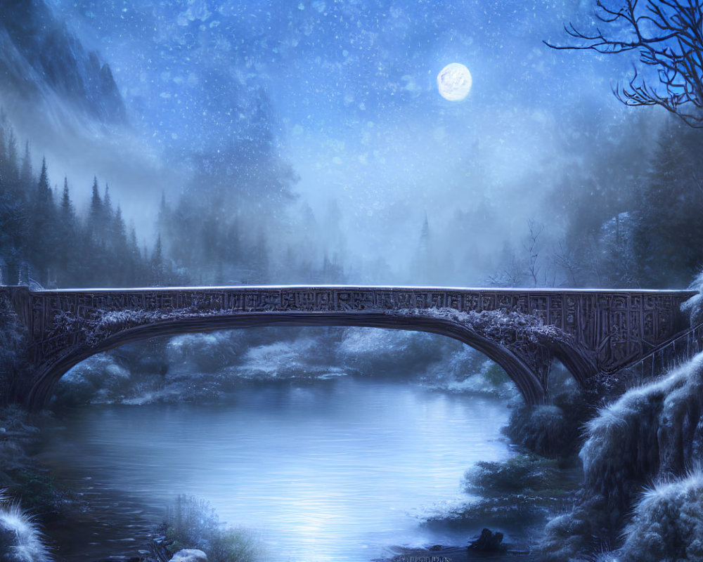 Decorative bridge in winter night landscape with snow-covered trees and calm river