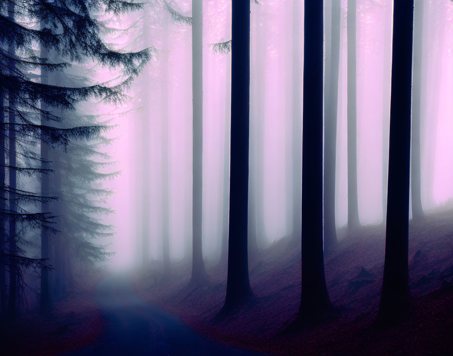 Foggy Purple Forest with Tall Silhouetted Trees