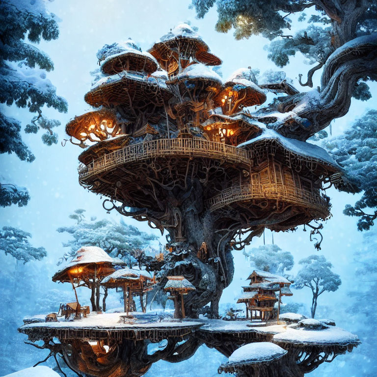 Enchanted snow-covered treehouse in twilight forest