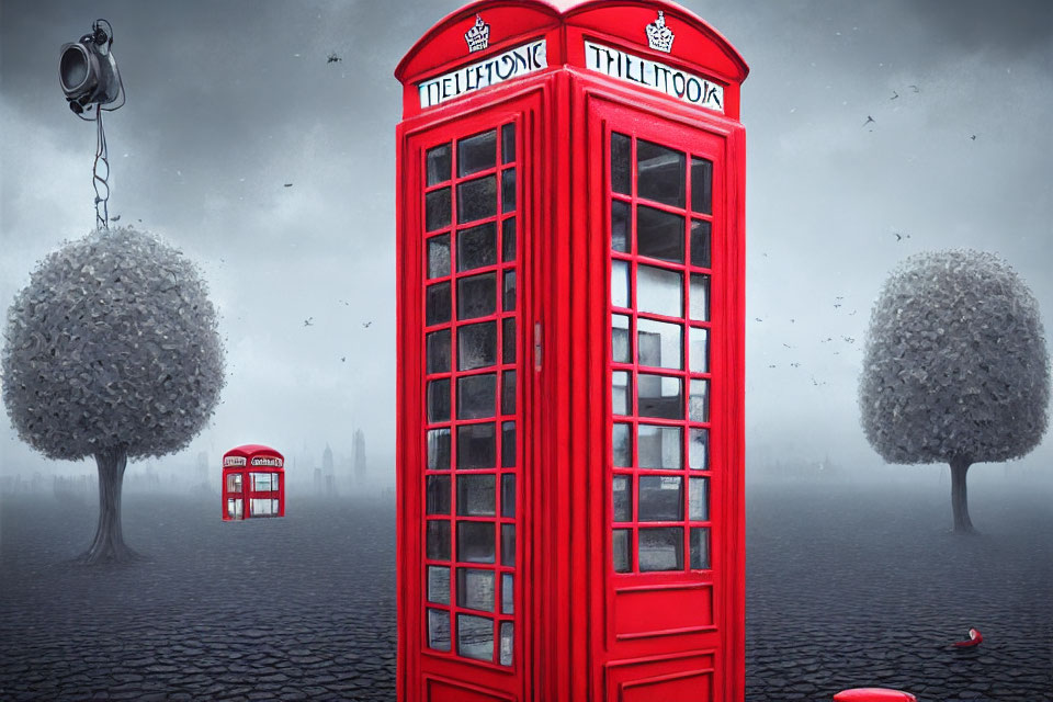 Oversized red British phone booths in surreal foggy scene