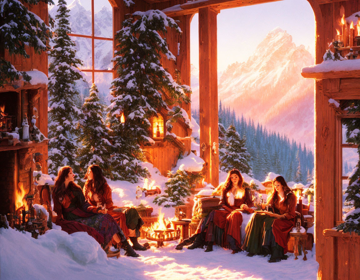 Cozy cabin gathering with fireplace and snowy mountain view