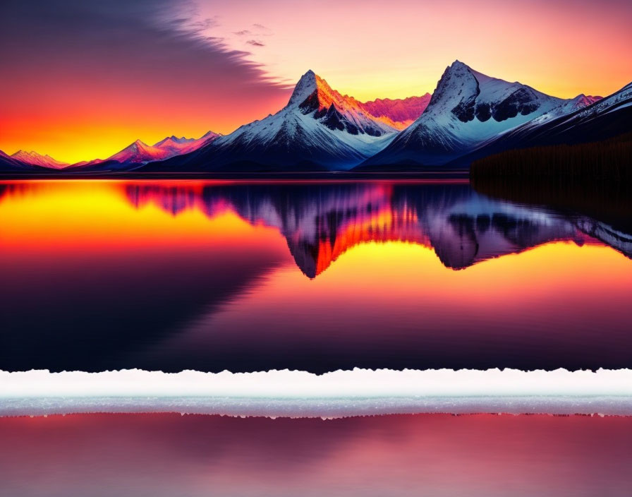 Scenic sunset over tranquil lake with mountain silhouettes