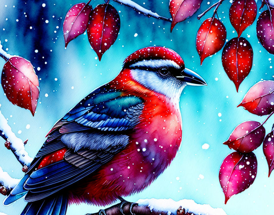 Colorful bird illustration on branch with snow and berries