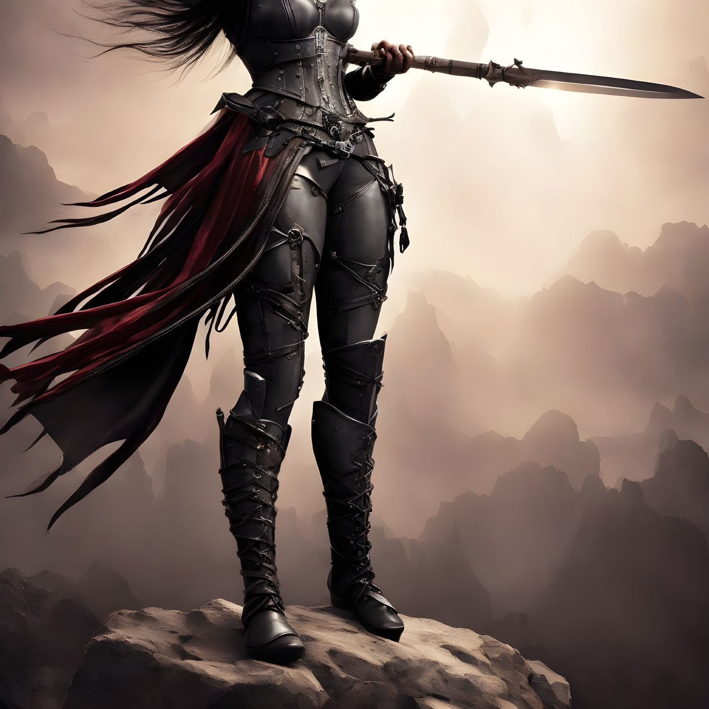 Armored warrior with sword and red cape on rocky mountain - Misty backdrop