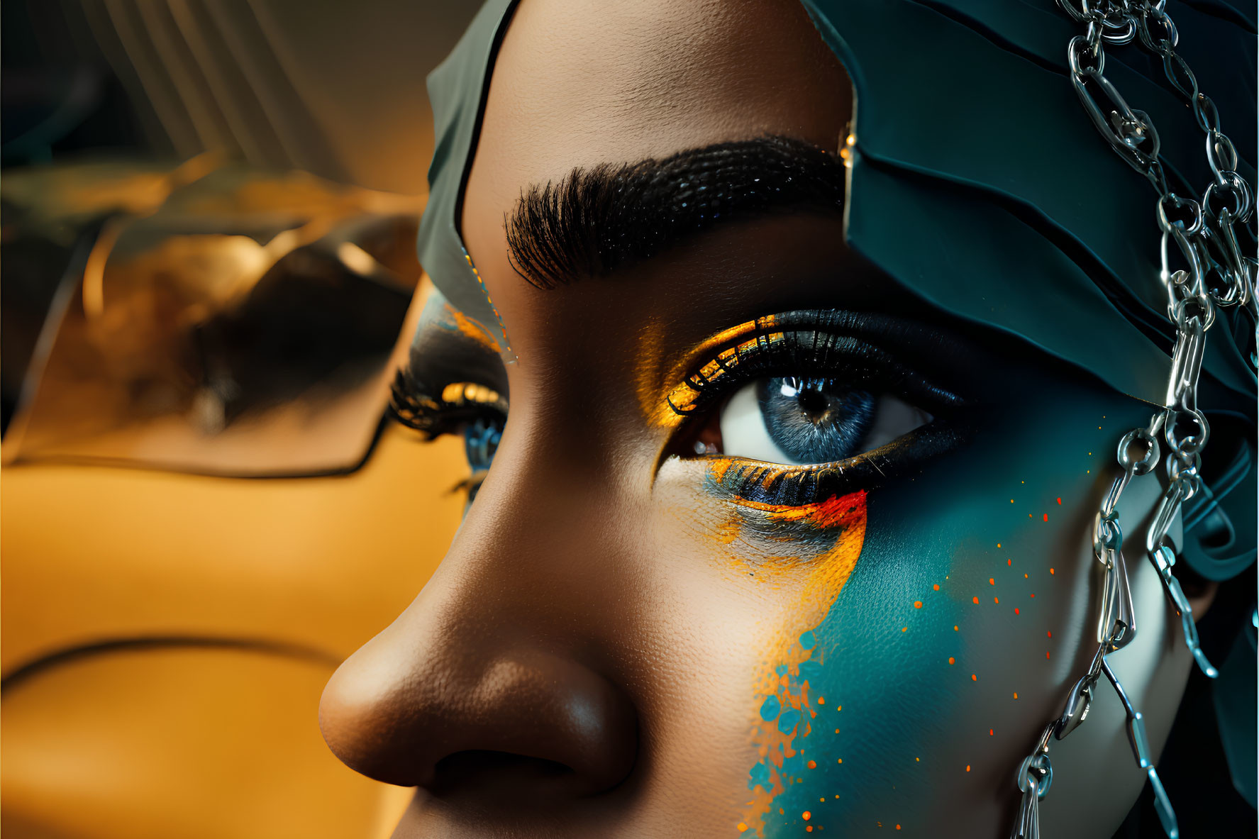 Person with Vibrant Yellow and Blue Eye Makeup, Brow Art, Headscarf, and Chain Accessories