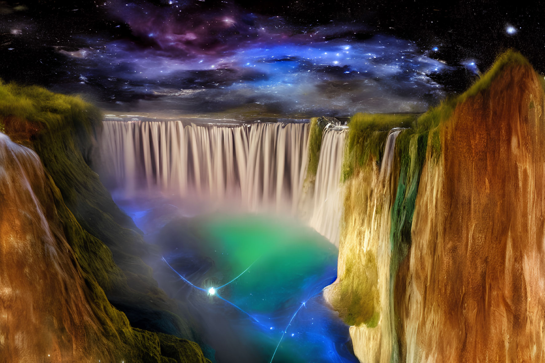 Expansive waterfall cascades into misty basin under starry sky