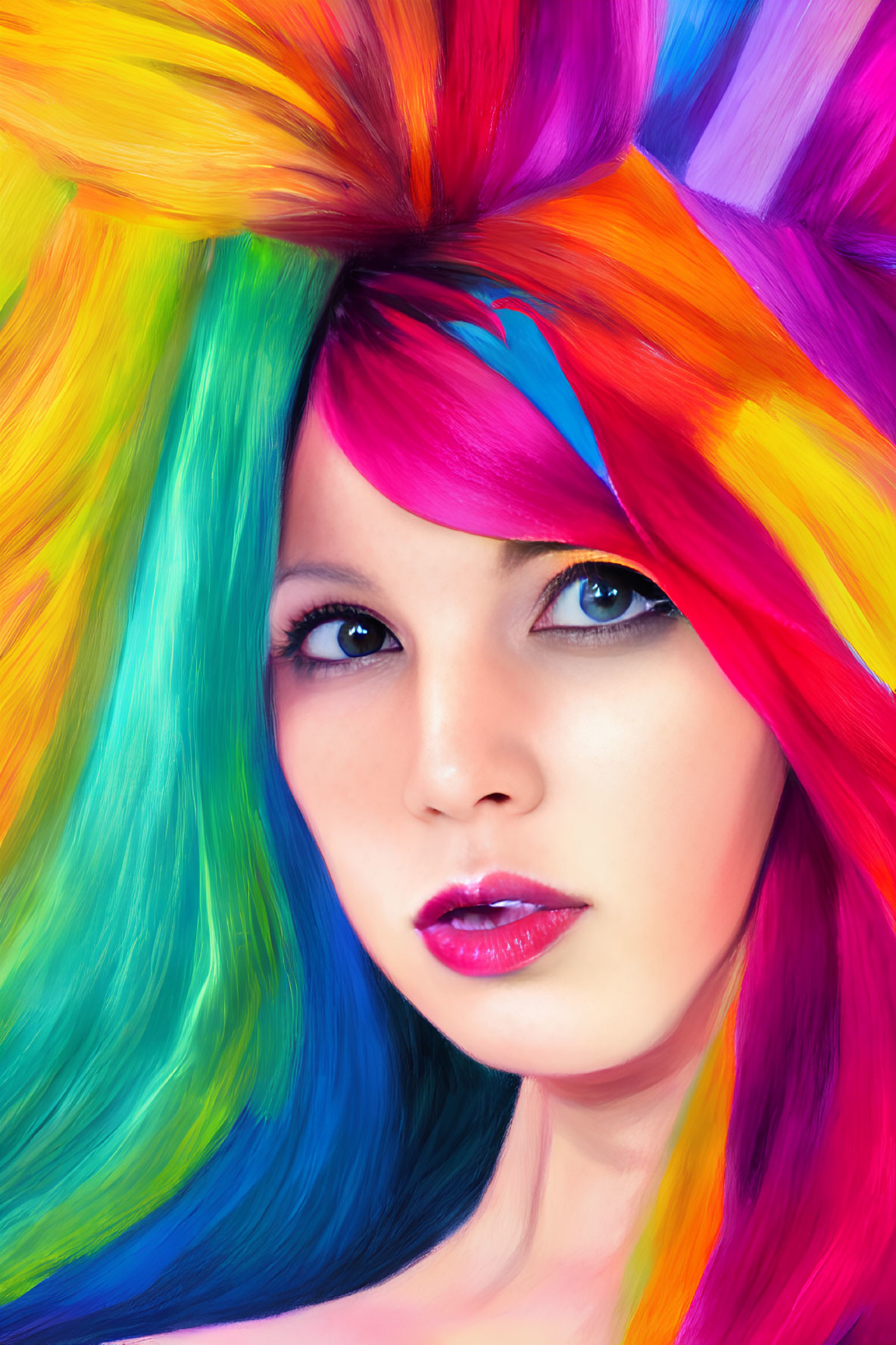 Vibrant Multicolored Hair Woman with Blue Eyes and Pink Lipstick